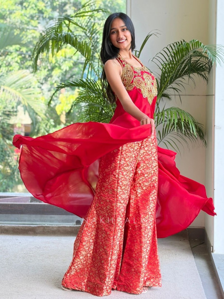 Sutra-Lekha Red Indo Western Palazzo Set With Embellished Yoke