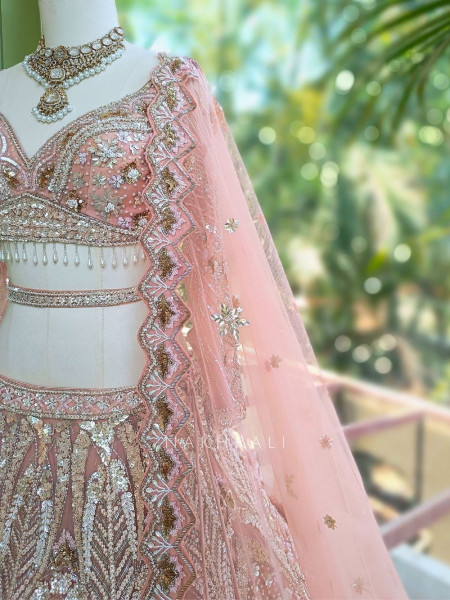 Cosmic Pink Net Lehenga with Beads Sequin and Pearl Work