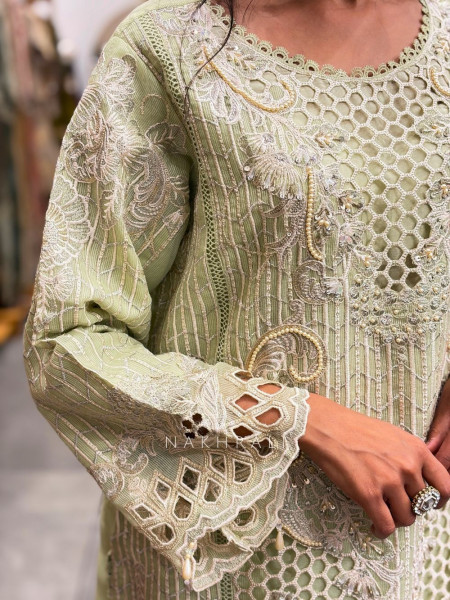 Rivana Green Straight Suit Set with Cutwork and Bead Embroidery