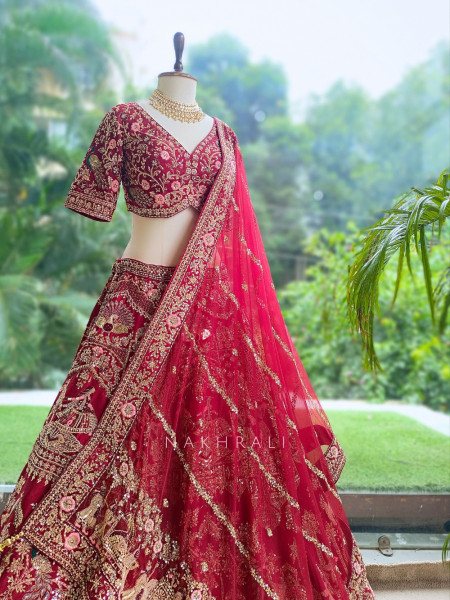 Vaidehi Bridal Red Raw Silk Bridal Lehenga Set With Zardozi, Pitta & Resham Work