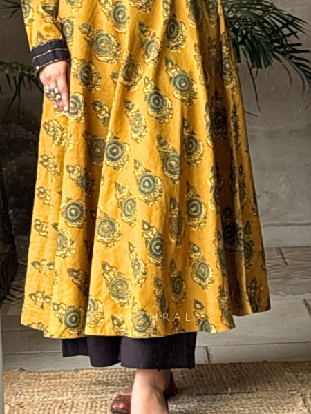 Adaa Yellow Cotton Block Printed Kurta and Palazzo with Handwork Yoke