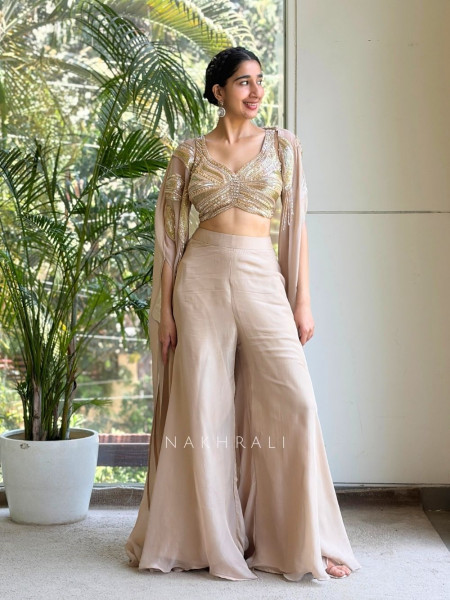 Triven Beige Indo Western Crop Top Palazzo Set