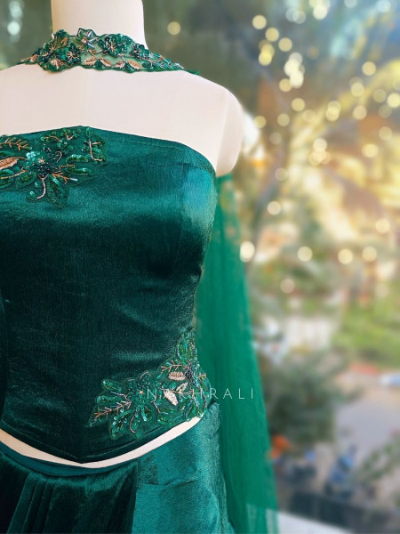 Zarina Green Satin Crop Top Skirt Set with Embroidered Detailing