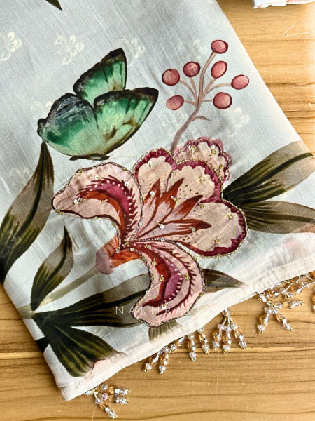 Dahlia Cream Floral Organza Saree with Sequin and Cut Dana Work