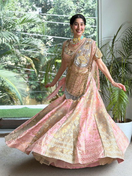 Saras Blush Pink Banarasi Brocade Silk Lehenga Set