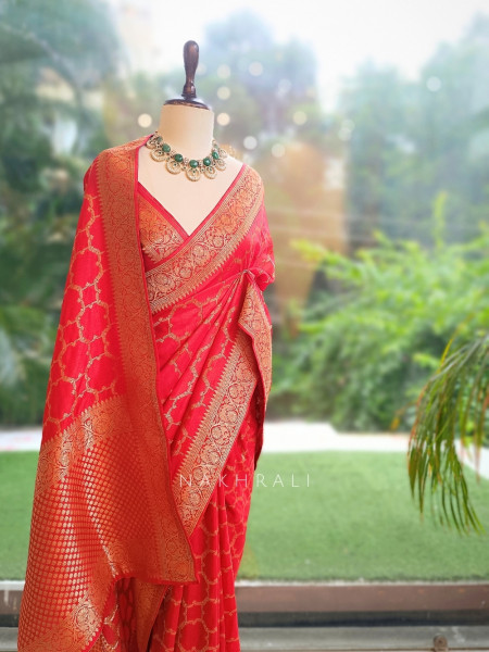 Ridhima Coral Khaddi Georgette Zari Jaal Saree