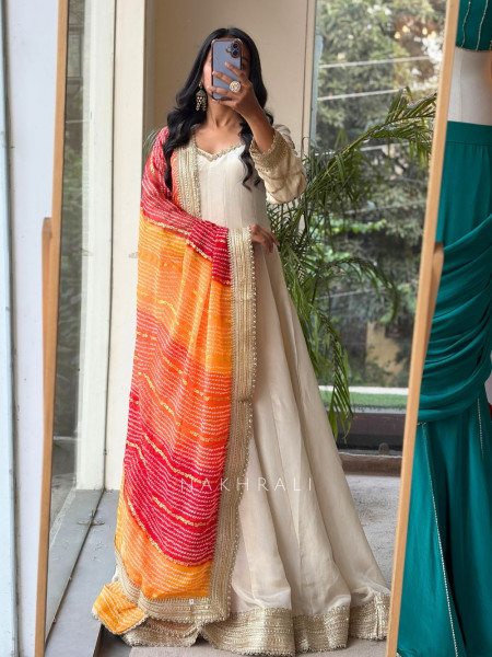 Malhar Oeange Anarkali and Sunrise Bandhani Set