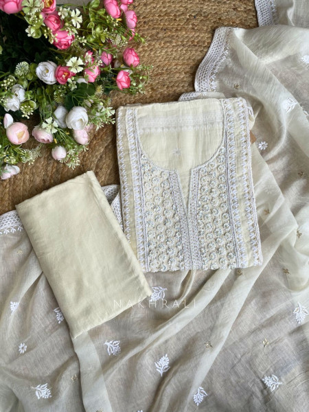 Rivah Cream Embroidered Dress Material