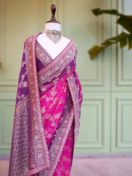 Sutra Purple Bandhani Saree With Running Blouse Piece