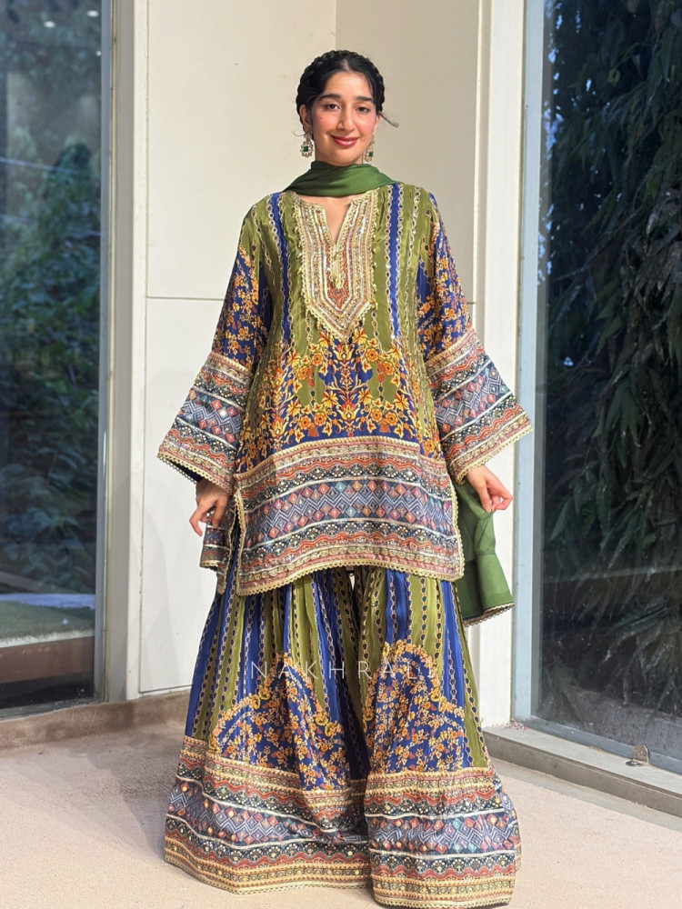 Image of Olive Oasis Olive Green Modal Satin Gharara Suit Set