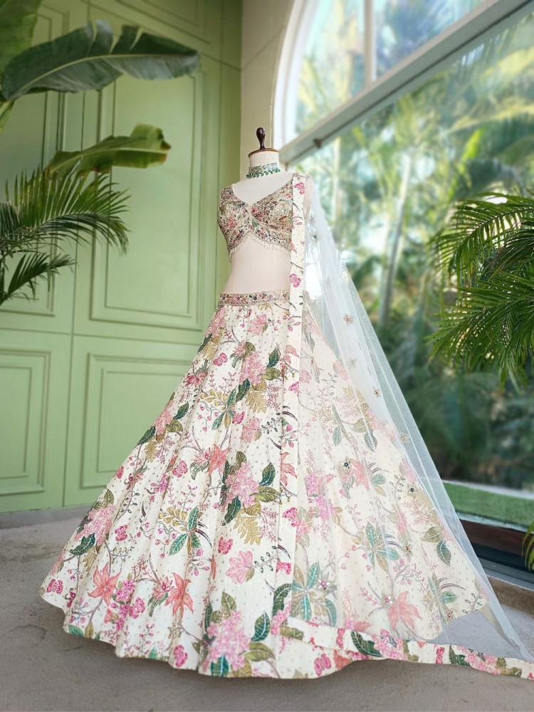 Image of Secret Garden Cream Georgette Silk Floral Lehenga