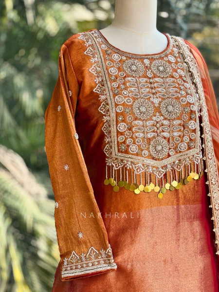 Kanak Orange Kurta Skirt Set with Embroidered Detailing