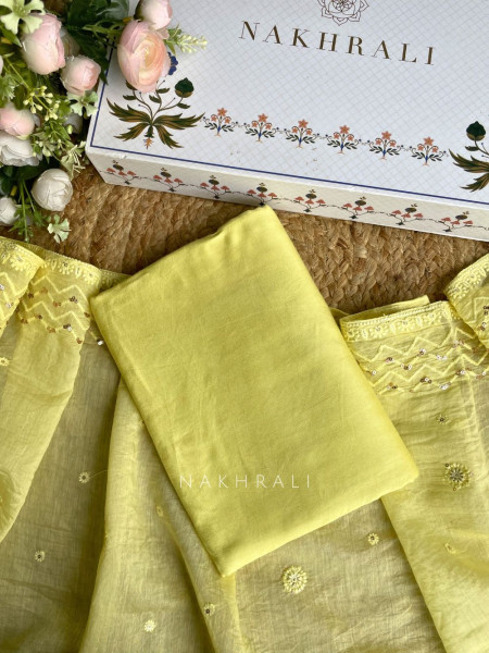 Ishira Yellow Embroidered Cotton Dress Material Set