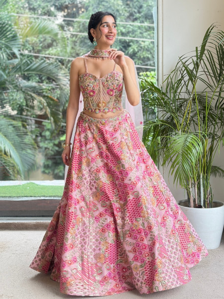 Whimsical Candy-Pink Geometric Lehenga