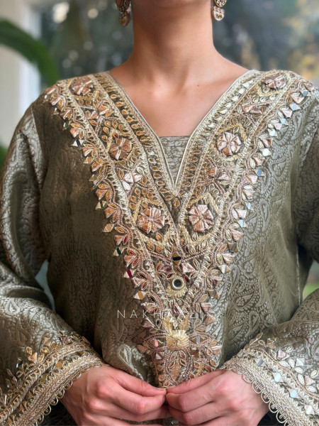 Kyra Green Straight Dress with Mirror Zari Work