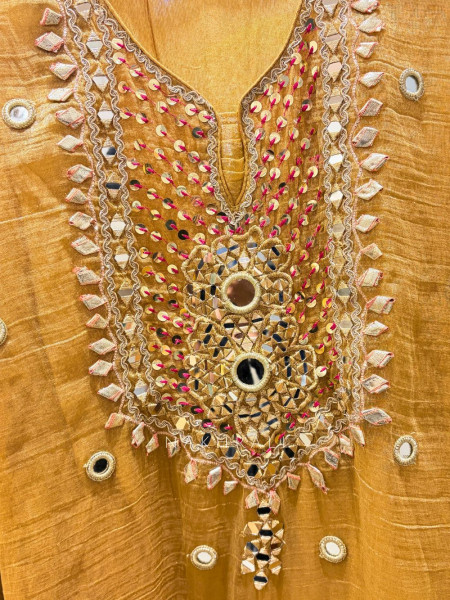 Aisha Mustard Tissue Suit Set with Mirror and Gota Patti Work