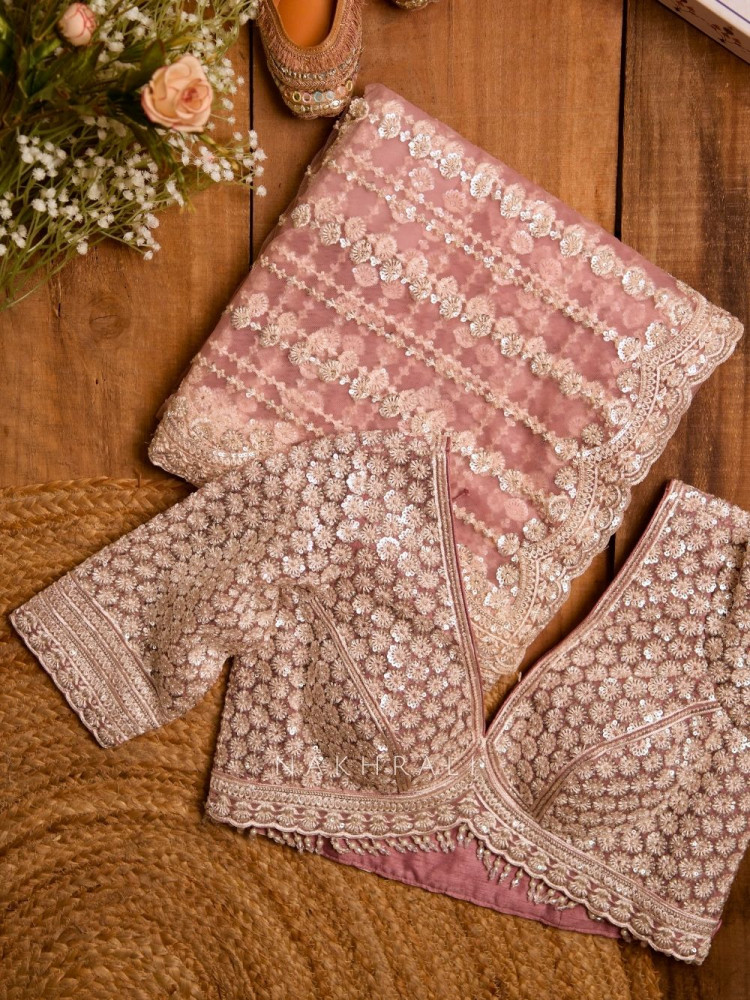 Image of Dandelions Pink Net Saree with Pearl, Sequin &amp; Bead Work