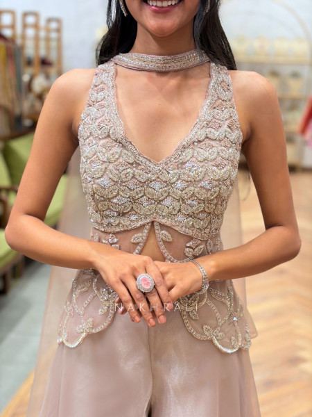 Kavira Peach Indo-Western Set with Sequin and Cut Dana Work