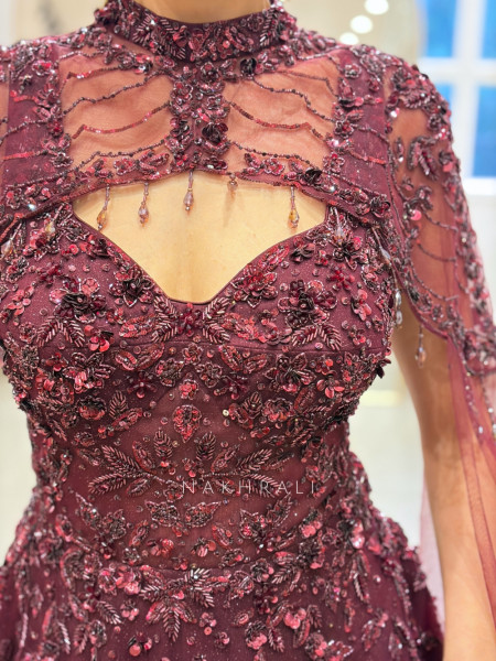 Bordeaux Maroon Soft Net Evening Gown