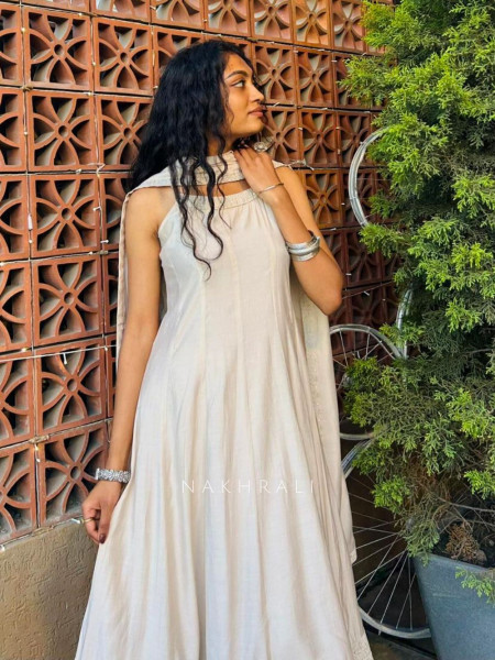 Ivrena Beige Anarkali Suit Set with Minimal Border Work