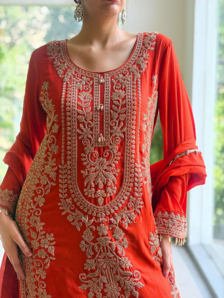 Vermilion  Orange Georgette Crepe-Silk Blend Straight Suit Set