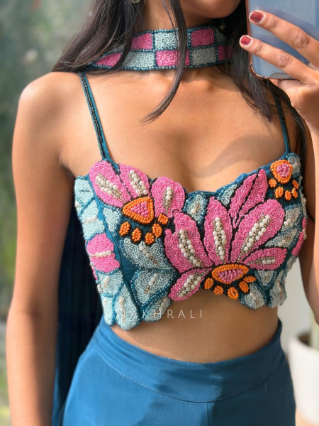 Beaded Bloom Blue Crop Top Palazzo Set with Choker Dupatta