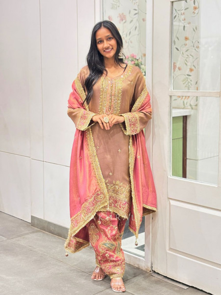 Zyris Pink Zari Tissue Suit Set with Sequin Workrk