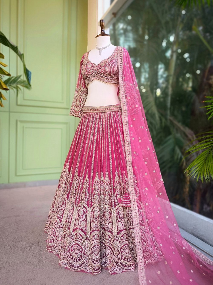 Image of Rishvaya Magenta Stone and Bead Embroidered Bridal Lehenga
