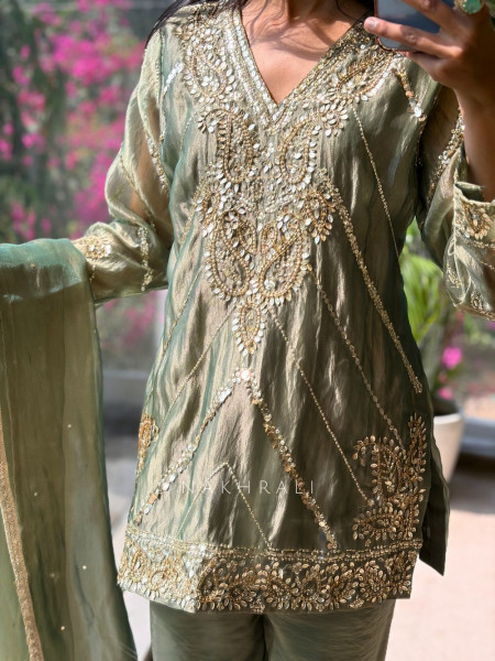 Briona Olive Tissue Kurta Set with Heavy Hand Embroidery