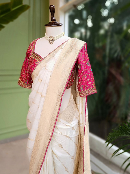 Mrignayani Cream Saree with Embroidered Blouse & Brocade Weave