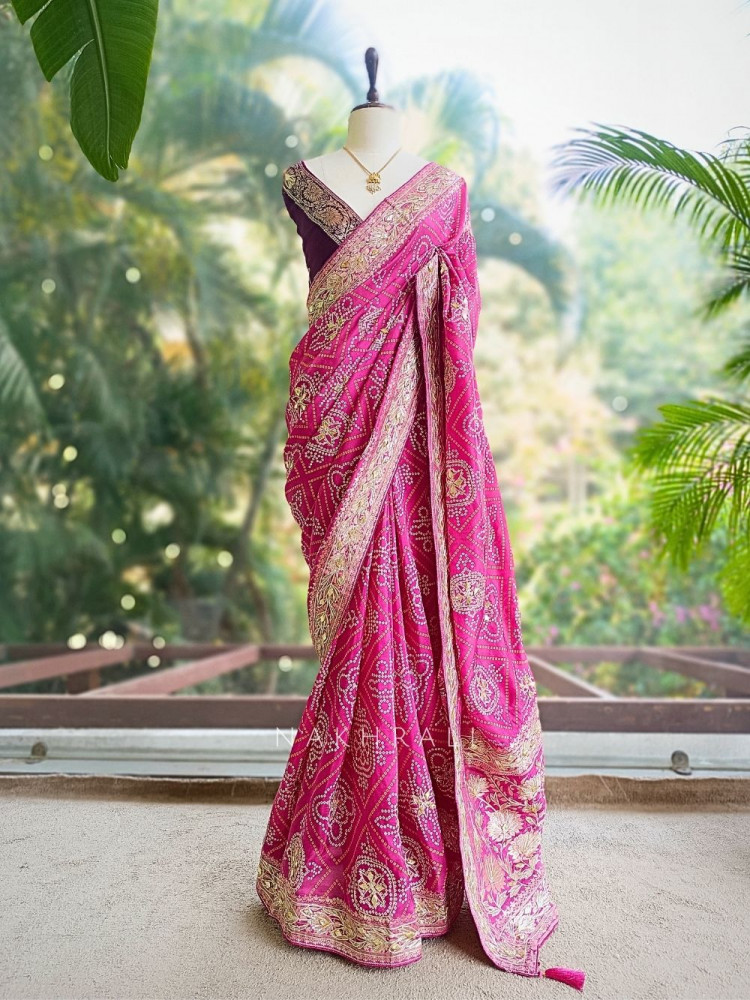 Image of Rivaya Magenta Bandhej Saree With Runing Blouse