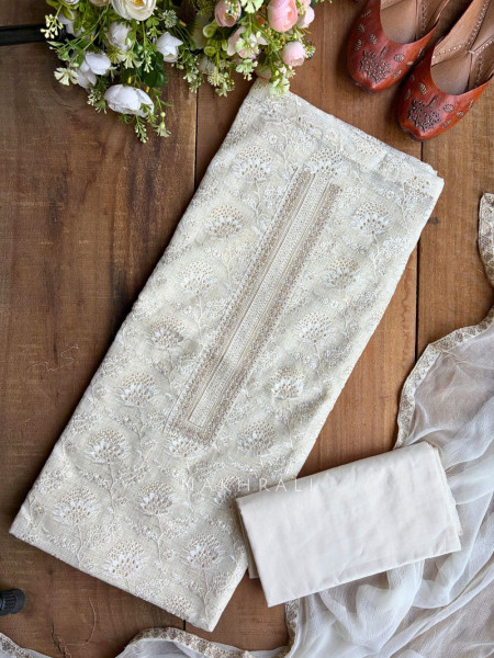 Khumaira Cream Lucknowi Embroidered Dress Material