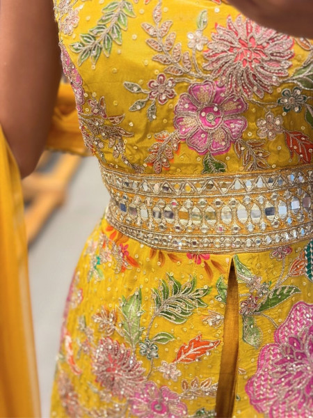 Tirva Yellow Indo Western Palazzo Set with Floral Print and Mirror Work