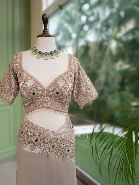 Rajvika Beige Metallic Tissue Silk Saree with Readymade Blouse