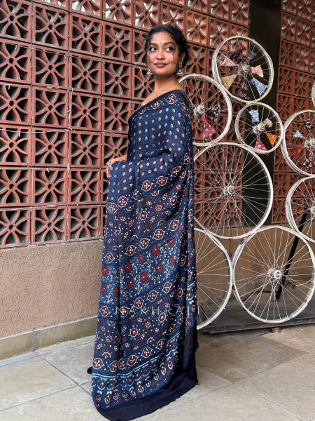 Nargis Blue Modal Silk Saree With Ajrakh Print