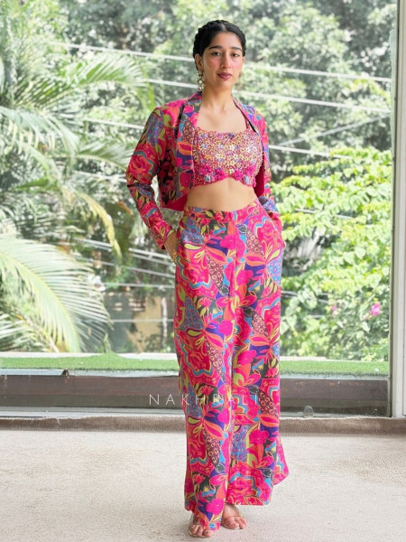 Kaleido Pop Multicolor Silk Blend Indo-Western Crop Top Pant Set