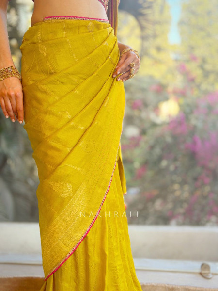 Mrignayani Lime Green Saree with Embroidered Blouse & Brocade Weave