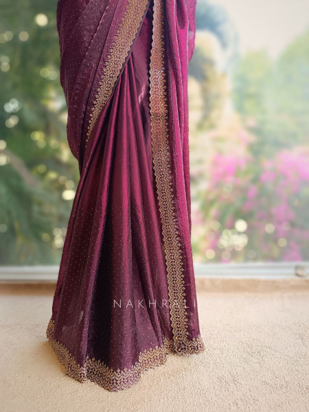 Noira Wine Stone Work Saree with Embellished Border