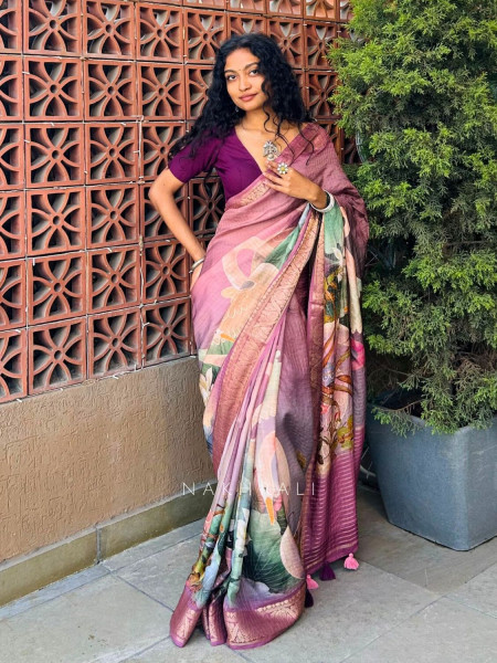 Zerina Wine Multicolor Printed Saree with Woven Border