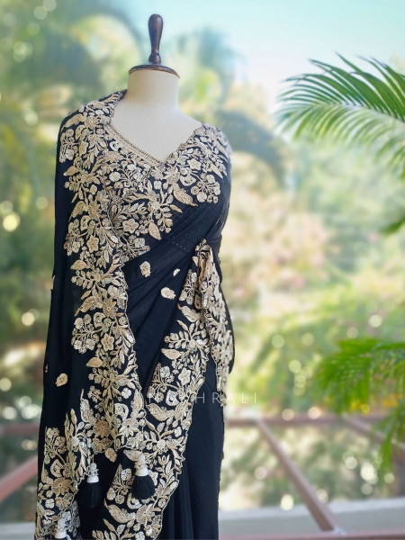 Rishka Black Saree with Embroidery and Sequin Work