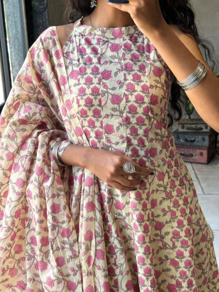 Gulnaar Yellow Rayon Cotton Anarkali Suit Set with Floral Print