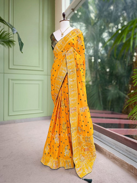 Kavira Mustard Bandhej Saree with Zari Weaved Border