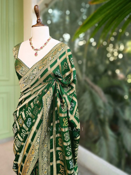 Rangriti Green Bandhani Saree with Gota Border