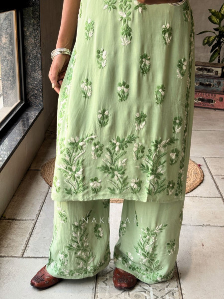 Solira Coral Pista Green  Rayon Kurta Pant Set with Chikankari Work