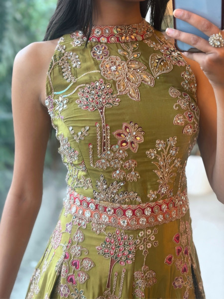 Ishvani Parrot Green Chanderi Silk Indo-Western Jumpsuit