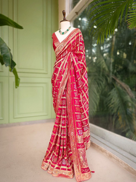 Rangriti Red Bandhani Saree with Gota Border