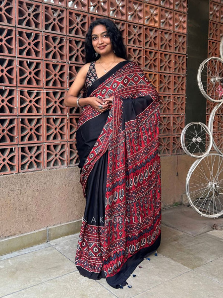 Kamali Red Modal Saree with Ajrak Border