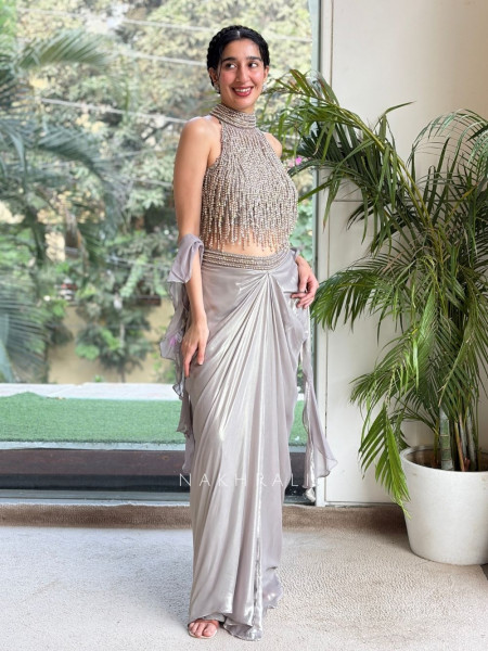 Glintora Grey Metallic Satin-Silk Indo-Western Crop Top Skirt Set