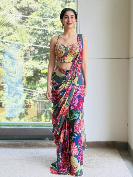 Florvessa Multicolor Satin Crepe Pre-Draped Saree