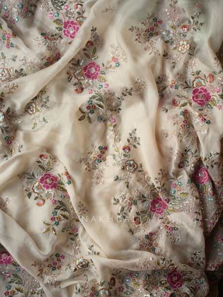 Whispers of Spring Cream Saree with Heavy Floral Thread Work and Readymade Blouse